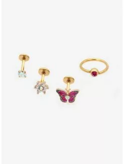 Steel Gold Butterfly Flower Labret 4 Pack