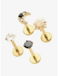 18G Steel Gold Sun & Moon Labret 4 Pack