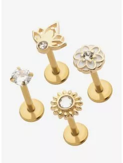 18G Steel Gold Lotus Labret 4 Pack