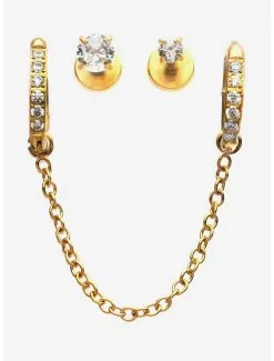 18G Steel Chain Gem Cartilage Stud & Chain 3 Pack